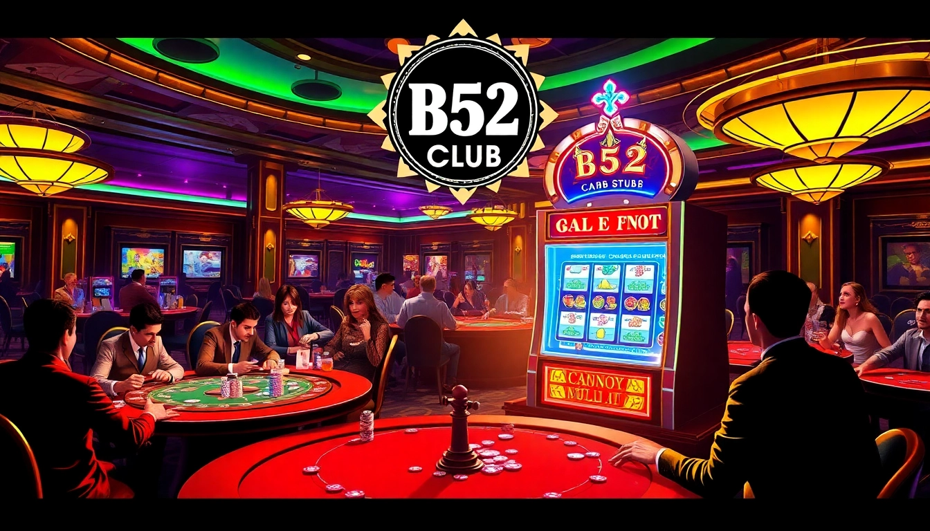 B52 Club logo displayed in a lively casino atmosphere with engaged players at tables.