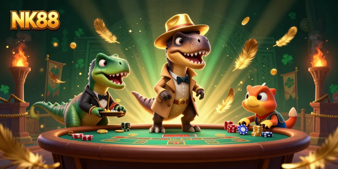 NK88 cartoon scene of a velociraptor card counter surrounded by gambling elements in an action-packed casino