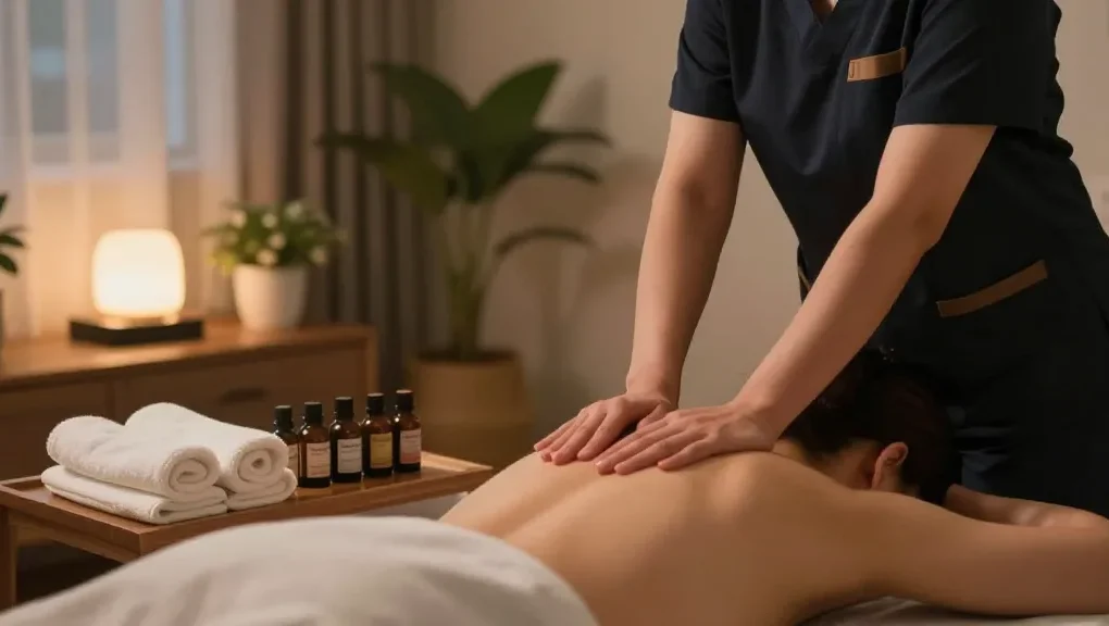 인천출장마사지 session in a serene home environment with a professional therapist.