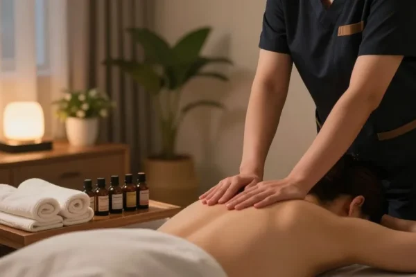 인천출장마사지 session in a serene home environment with a professional therapist.